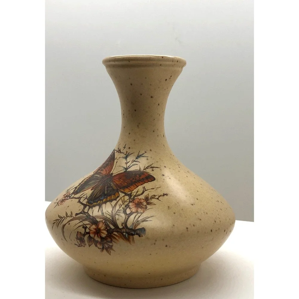 Vintage Ceramic Butterfly Floral Bud Vase Speckled Cream Nature Decor 5 Inch